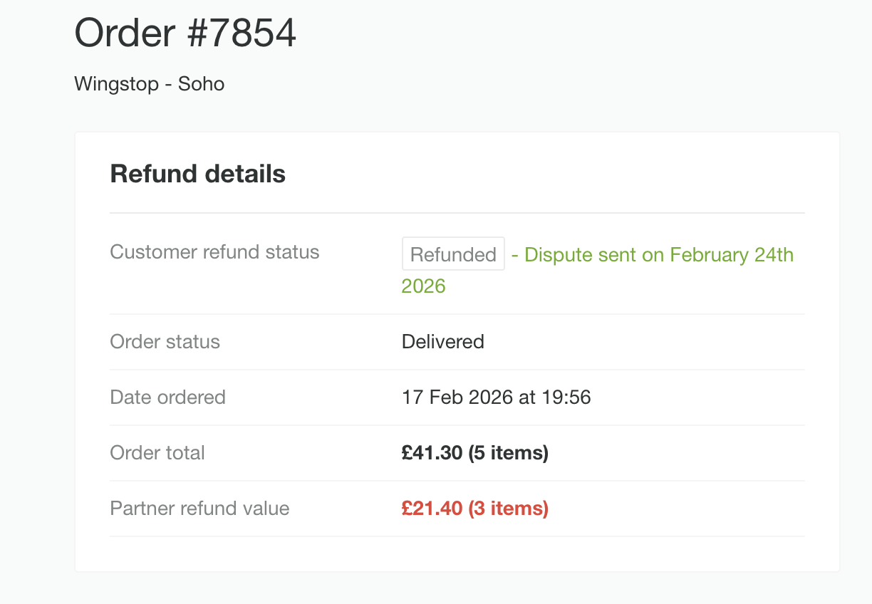 Deliveroo Partner Hub refund page showing dispute sent status confirmation