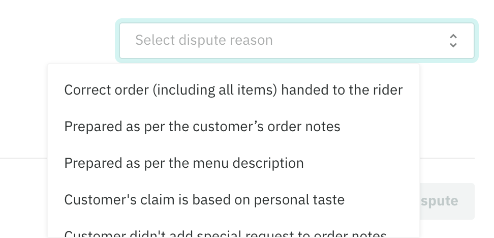 Deliveroo Partner Hub dispute submission screen with item selection checkboxes and reason dropdown