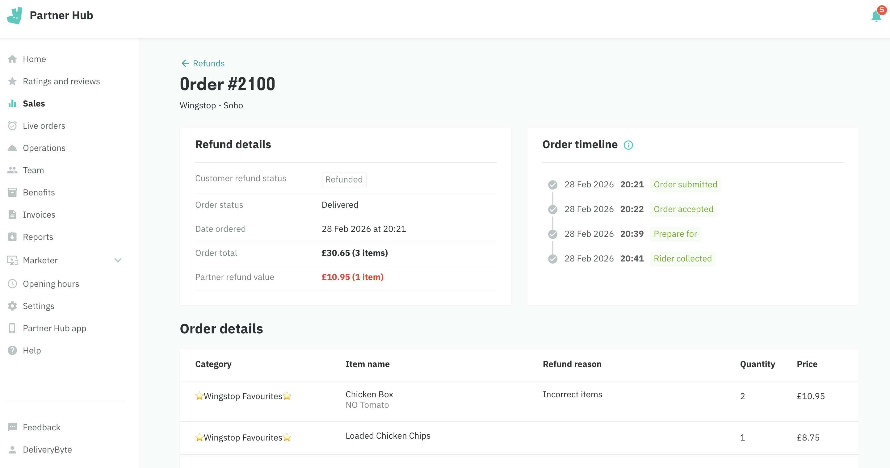 Deliveroo Partner Hub individual refund detail page showing customer order history and item modifiers