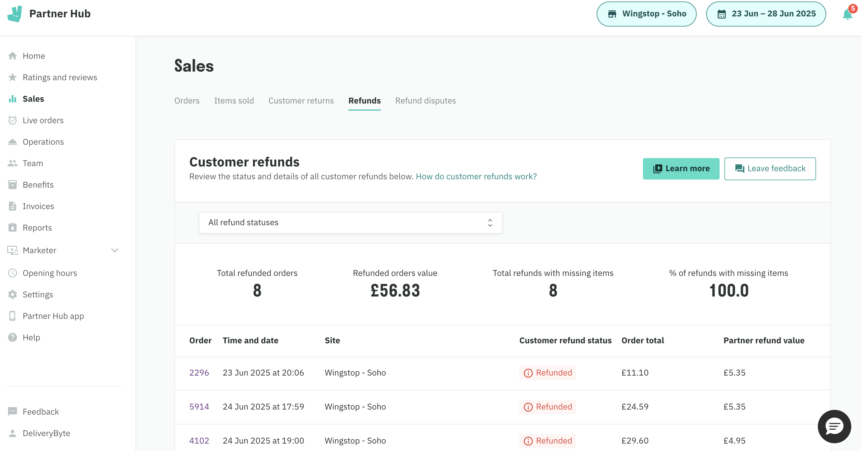 Deliveroo Partner Hub refunds tab showing order list filtered by site with partner refund values